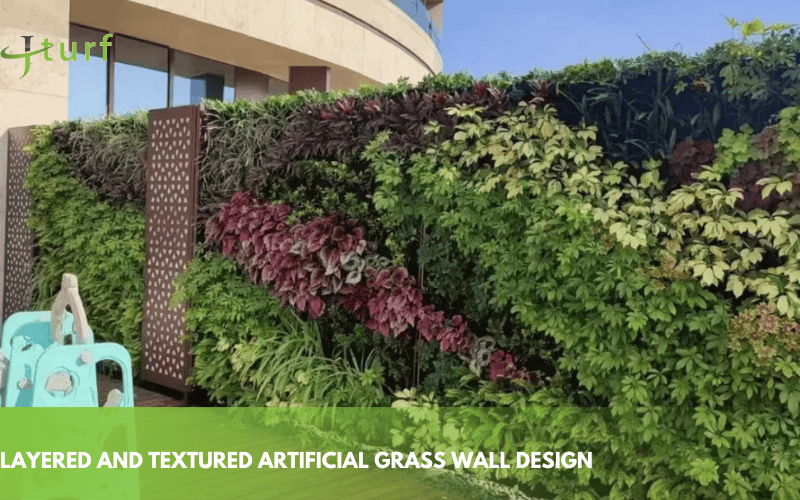 Diseño de pared de césped artificial en capas y texturas