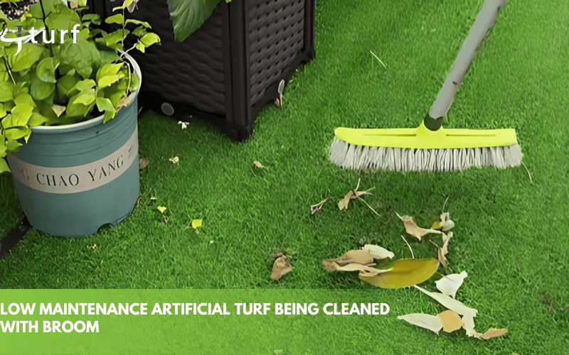 low maintenance artificial turf being cleaned with broom
