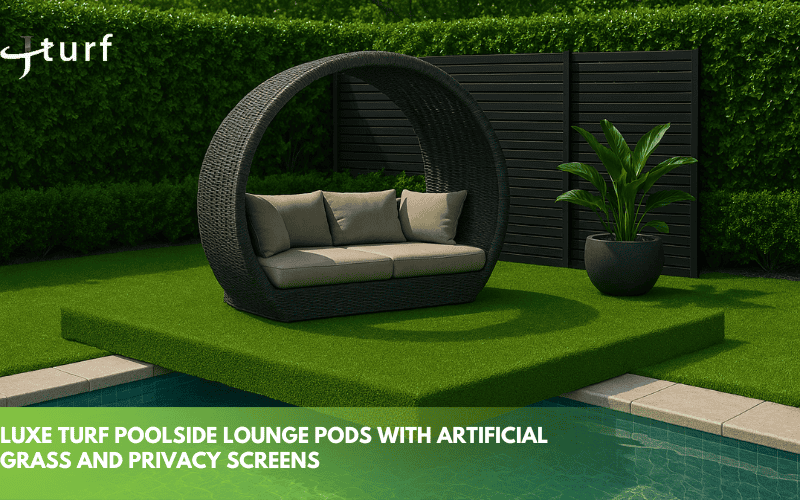 luxe turf poolside lounge pods with artificial grass and privacy screens