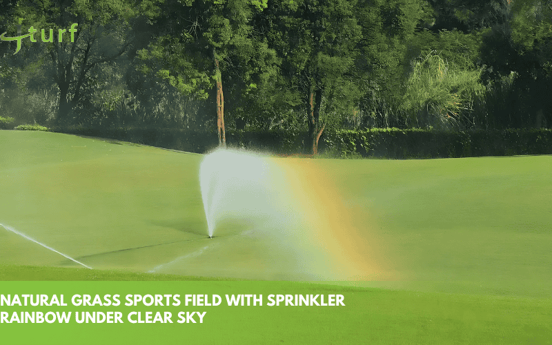 natural grass sports field with sprinkler rainbow under clear sky
