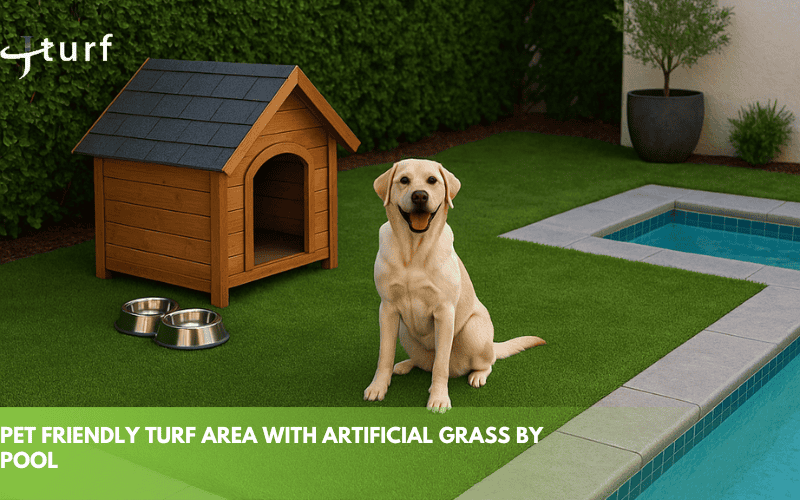 pet friendly turf area with artificial grass by pool