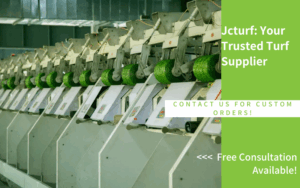 row of turf winding machines with green yarn rolls for jcturf turf production advertisement