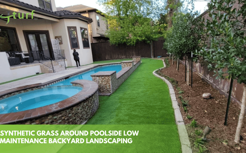 46 ideas inspiradoras de césped artificial para transformar tu espacio exterior 5 Césped sintético alrededor de la piscina, paisajismo de patio trasero de bajo mantenimiento.