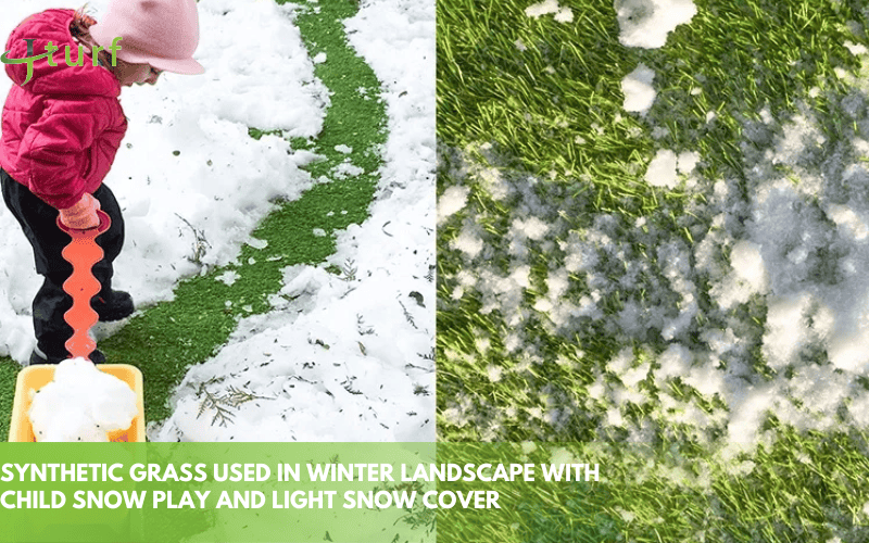 synthetic grass used in winter landscape with child snow play and light snow cover