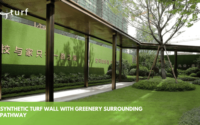 synthetic turf wall with greenery surrounding pathway