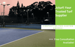 tennis court with artificial turf and lights during evening practice