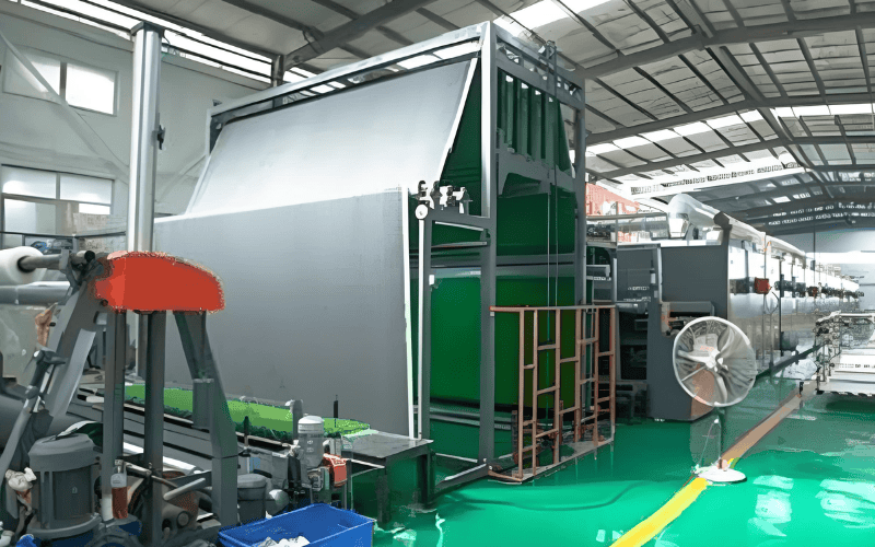 Somos líderes mundiales en soluciones de césped artificial 42 Línea de producción textil para césped artificial con rollos de material rojo y verde.