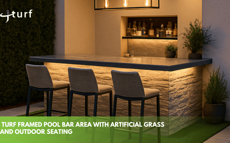 turf framed pool bar area with artificial grass and outdoor seating