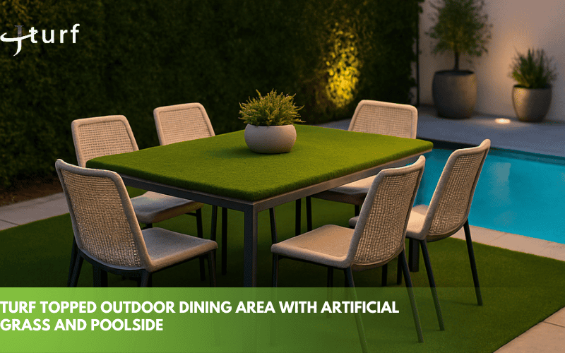 turf topped outdoor dining area with artificial grass and poolside