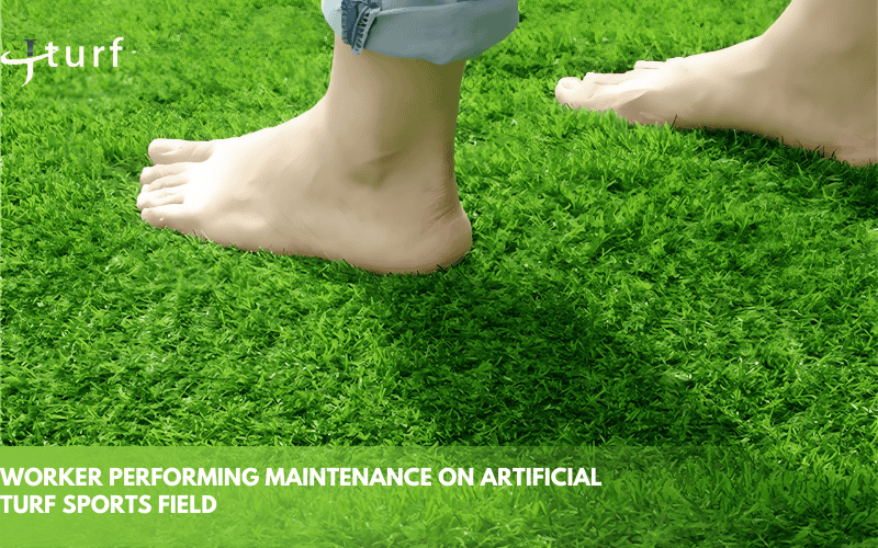 worker performing maintenance on artificial turf sports field
