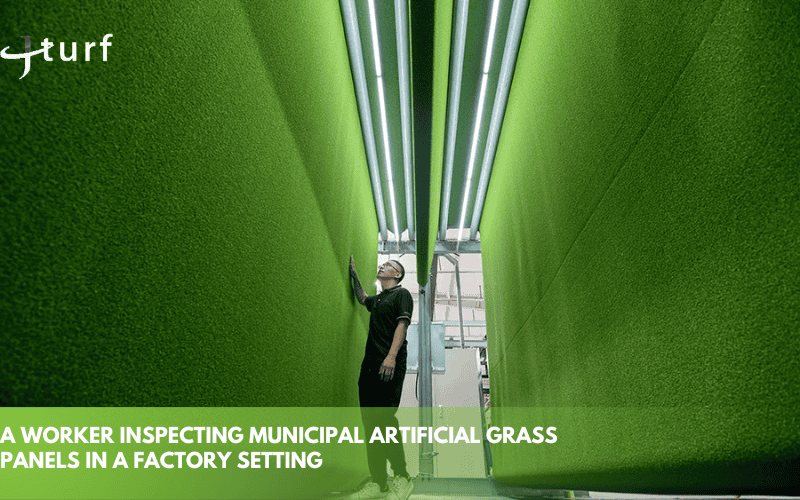 a worker inspecting municipal artificial grass panels in a factory setting