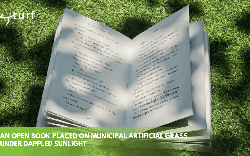 an open book placed on municipal artificial grass under dappled sunlight