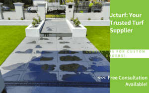 artificial grass and stone path entryway with branding