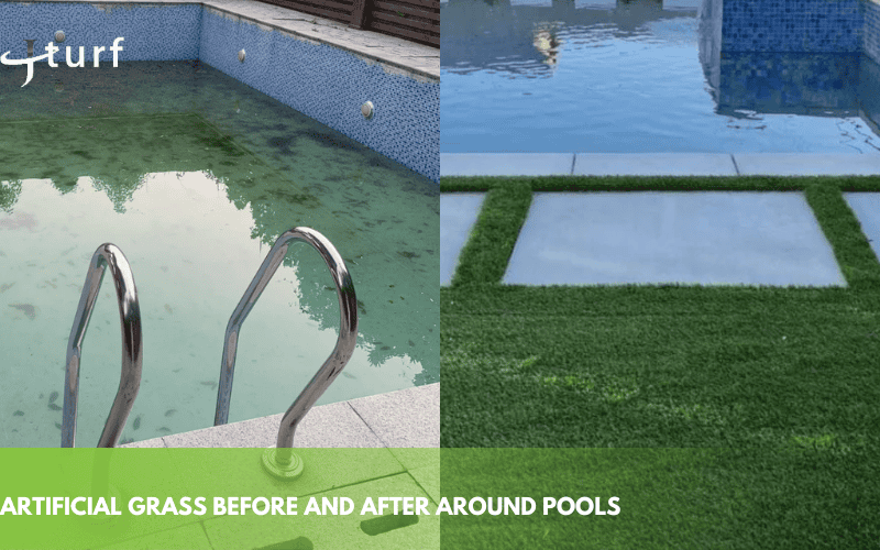 Césped artificial antes y después alrededor de las piscinas.