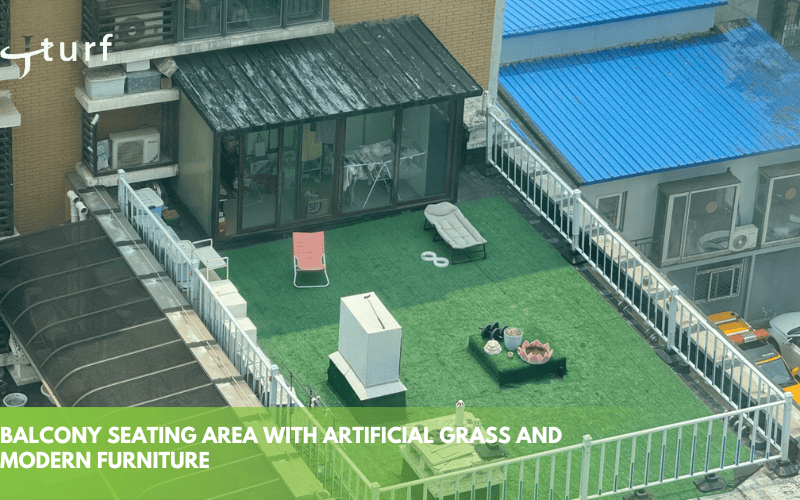 balcony seating area with artificial grass and modern furniture