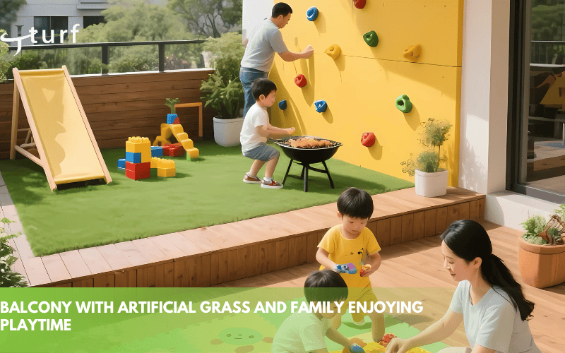 balcony with artificial grass and family enjoying playtime