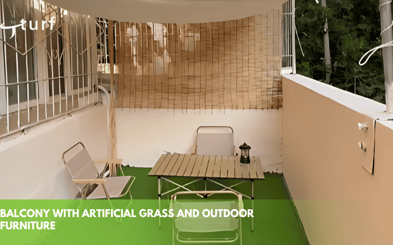 balcony with artificial grass and outdoor furniture