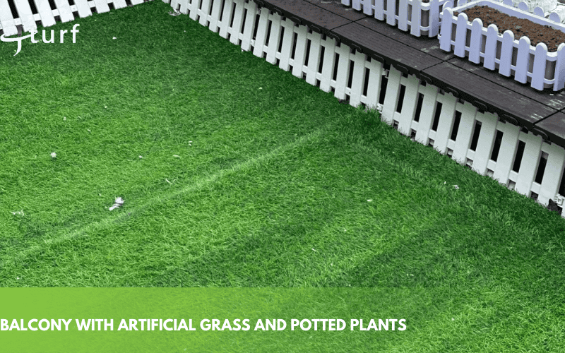 balcony with artificial grass and potted plants