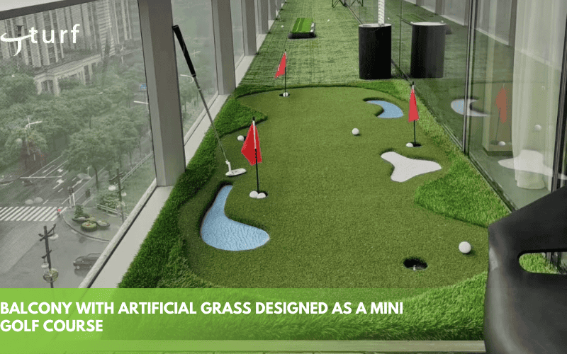 balcony with artificial grass designed as a mini golf course