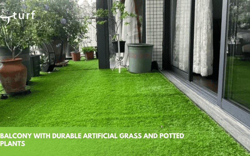 balcony with durable artificial grass and potted plants