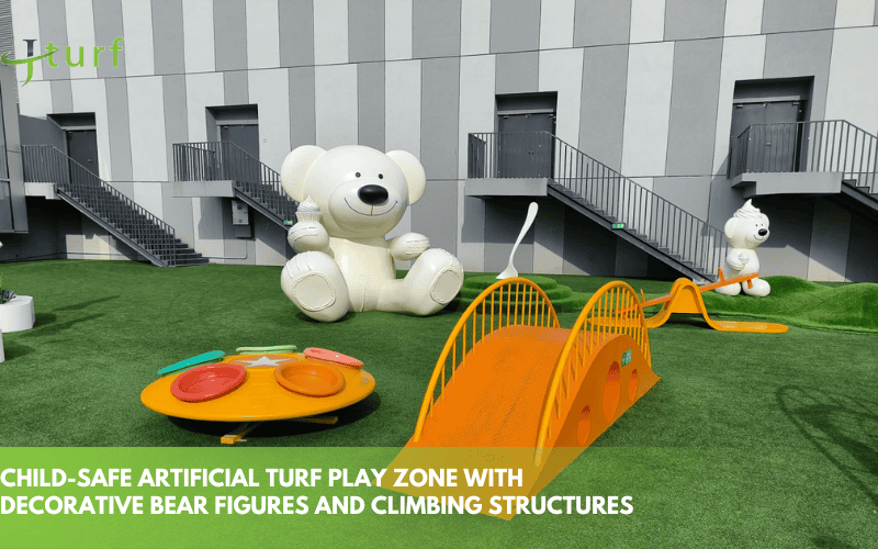 child safe artificial turf play zone with decorative bear figures and climbing structures