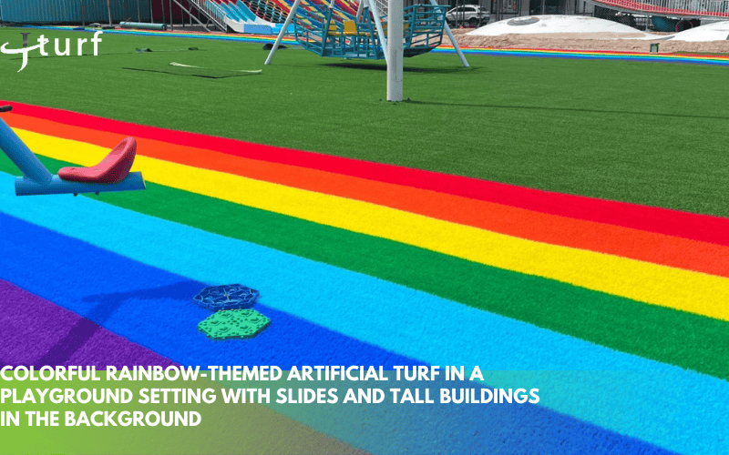 colorful rainbow themed artificial turf in a playground setting with slides and tall buildings in the background