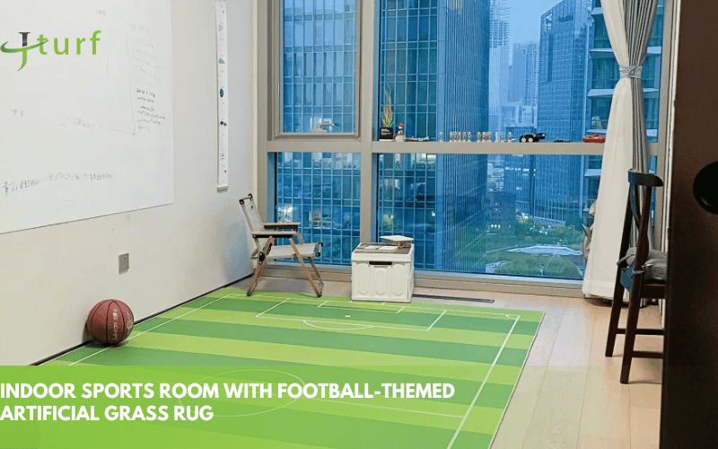 indoor sports room with football themed artificial grass rug