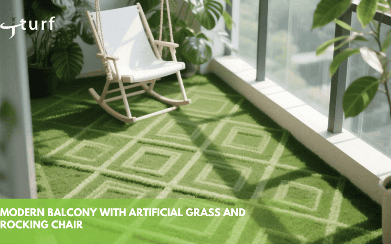 modern balcony with artificial grass and rocking chair