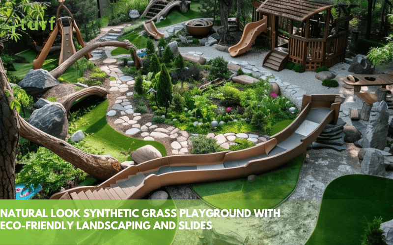 natural look synthetic grass playground with eco friendly landscaping and slides