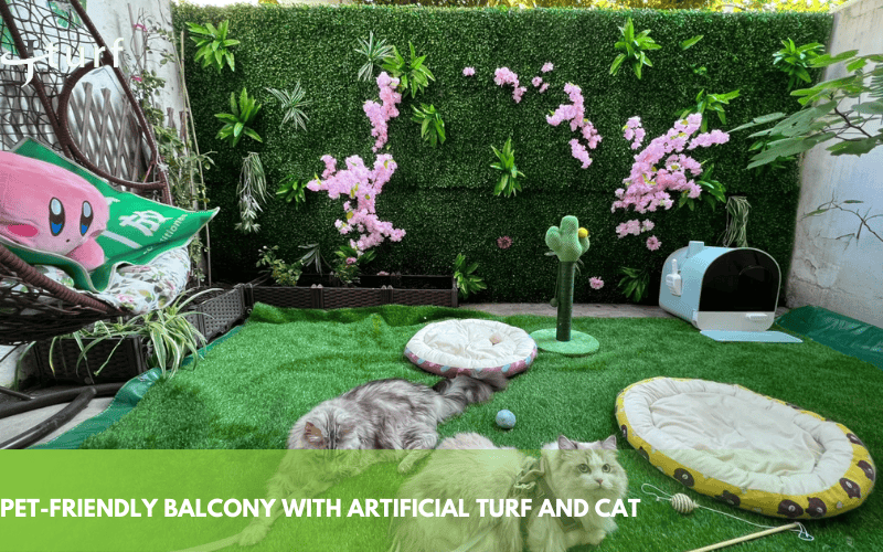 pet friendly balcony with artificial turf and cat