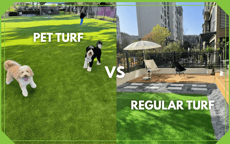 Comparación de césped para mascotas y césped normal que muestra perros en un área de juegos e instalación en el patio.