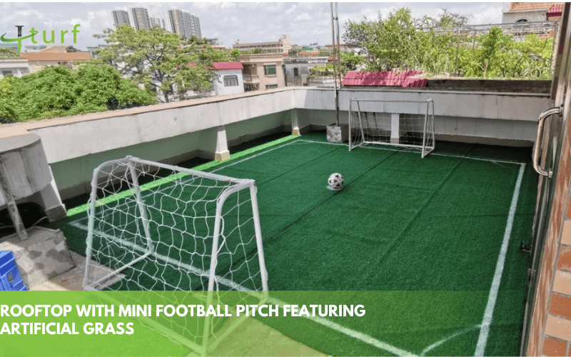 rooftop with mini football pitch featuring artificial grass