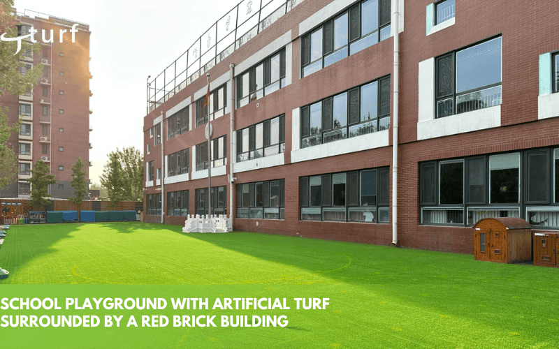 school playground with artificial turf surrounded by a red brick building