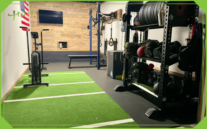 striped turf flooring for garage gym exercise area