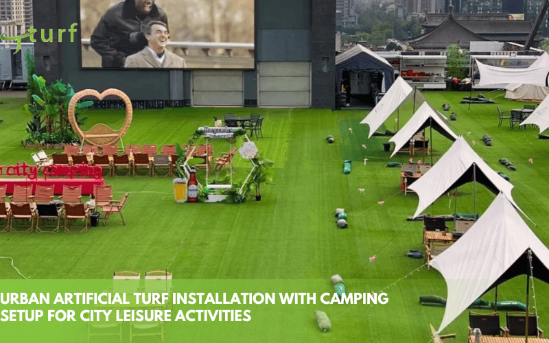 urban artificial turf installation with camping setup for city leisure activities