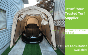 artificial grass strips used on driveway beneath car canopy