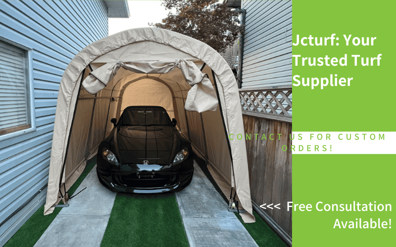artificial grass strips used on driveway beneath car canopy