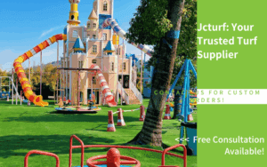 colorful playground with artificial turf surface and castle-themed slides