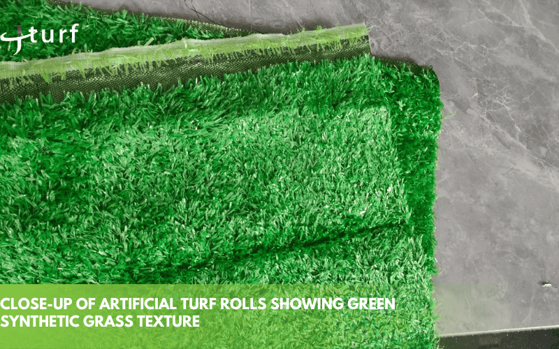 Close-up of artificial turf rolls displaying a vibrant green synthetic grass texture.