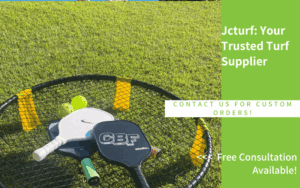 pickleball paddles and balls resting on a net frame on a green artificial grass