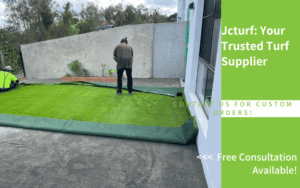 workers laying artificial grass under installation on concrete patio