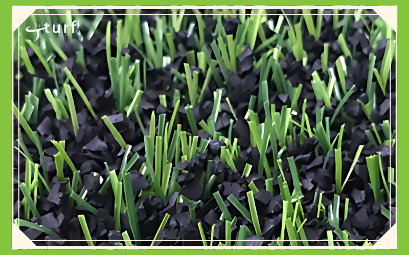 A close-up view of artificial grass with vibrant green blades interspersed with dark rubber granules.