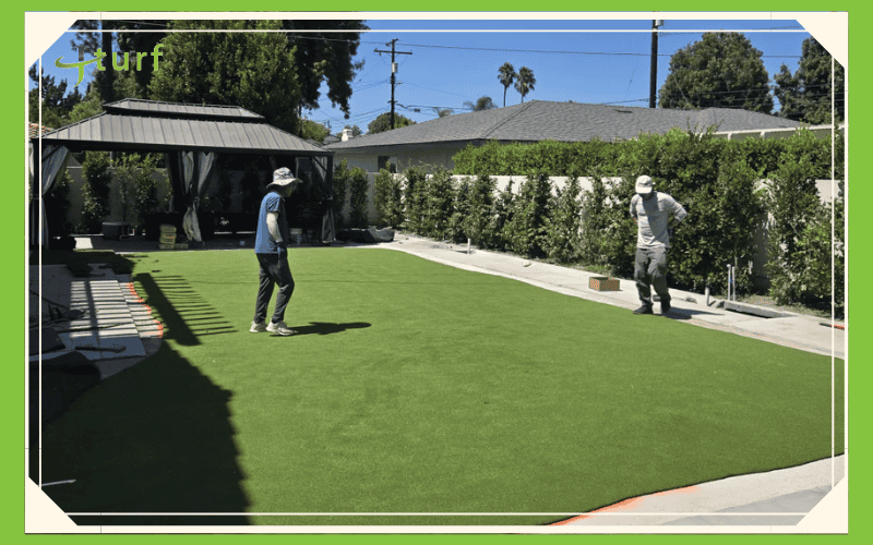 Two workers assess a newly installed green artificial turf in a residential backyard, surrounded by hedges and a gazebo.