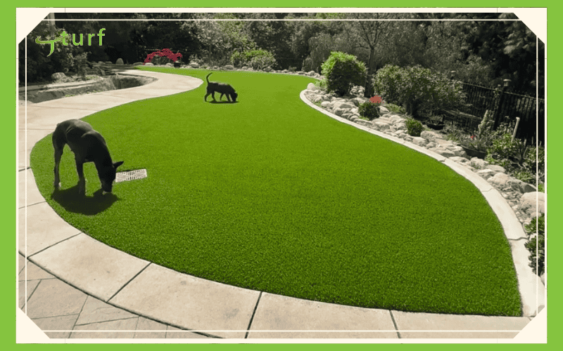 Two dogs playing on a bright green lawn surrounded by landscaped stones and plants under a sunny sky.