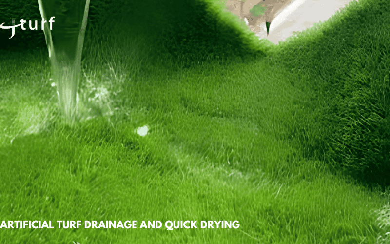 A close-up view of artificial turf featuring a water spray with bright green grass blades in the background.