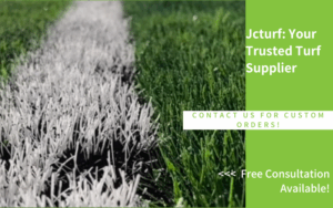 Close-up of grass with a clear distinction between artificial turf and natural grass, featuring promotional text on the side.