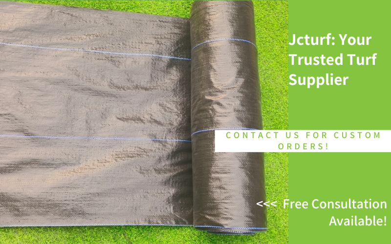 A rolled black turf mat lies on green grass, with promotional text about turf supply and consultation services.