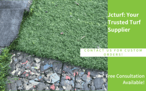 A close-up of artificial turf laid over gravel, with promotional text for a turf supplier on the right side.