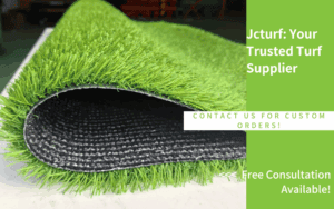 A close-up of rolled artificial turf, showcasing vibrant green grass and a textured backing, with promotional text beside it.