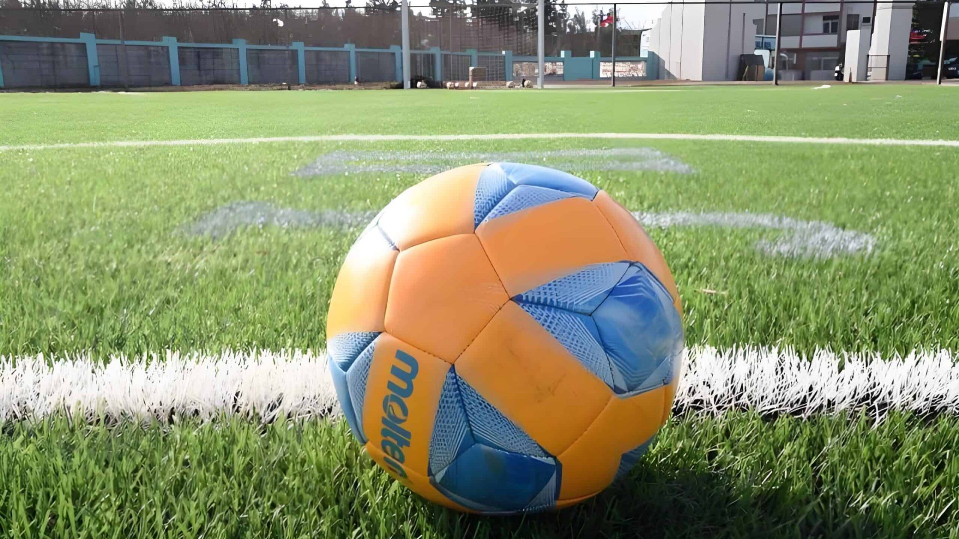 a football sits on artificial turf with a lush green field in the background